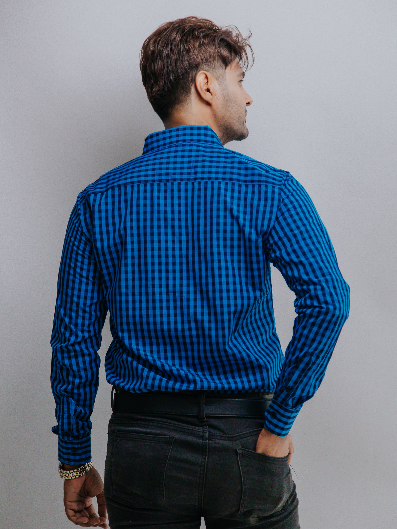 Camisa Hombre Casual Mini Cuadros Azul Rey y Negro - 34 (S)-Tiendas Platino