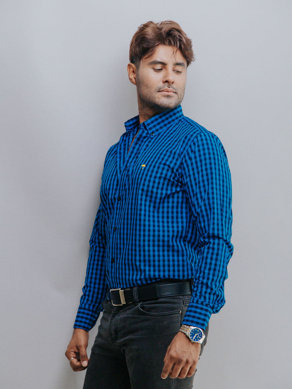 Camisa Hombre Casual Mini Cuadros Azul Rey y Negro - 34 (S)-Tiendas Platino