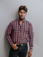 Camisa Hombre Casual Cuadros Naranja Blanco y Azul