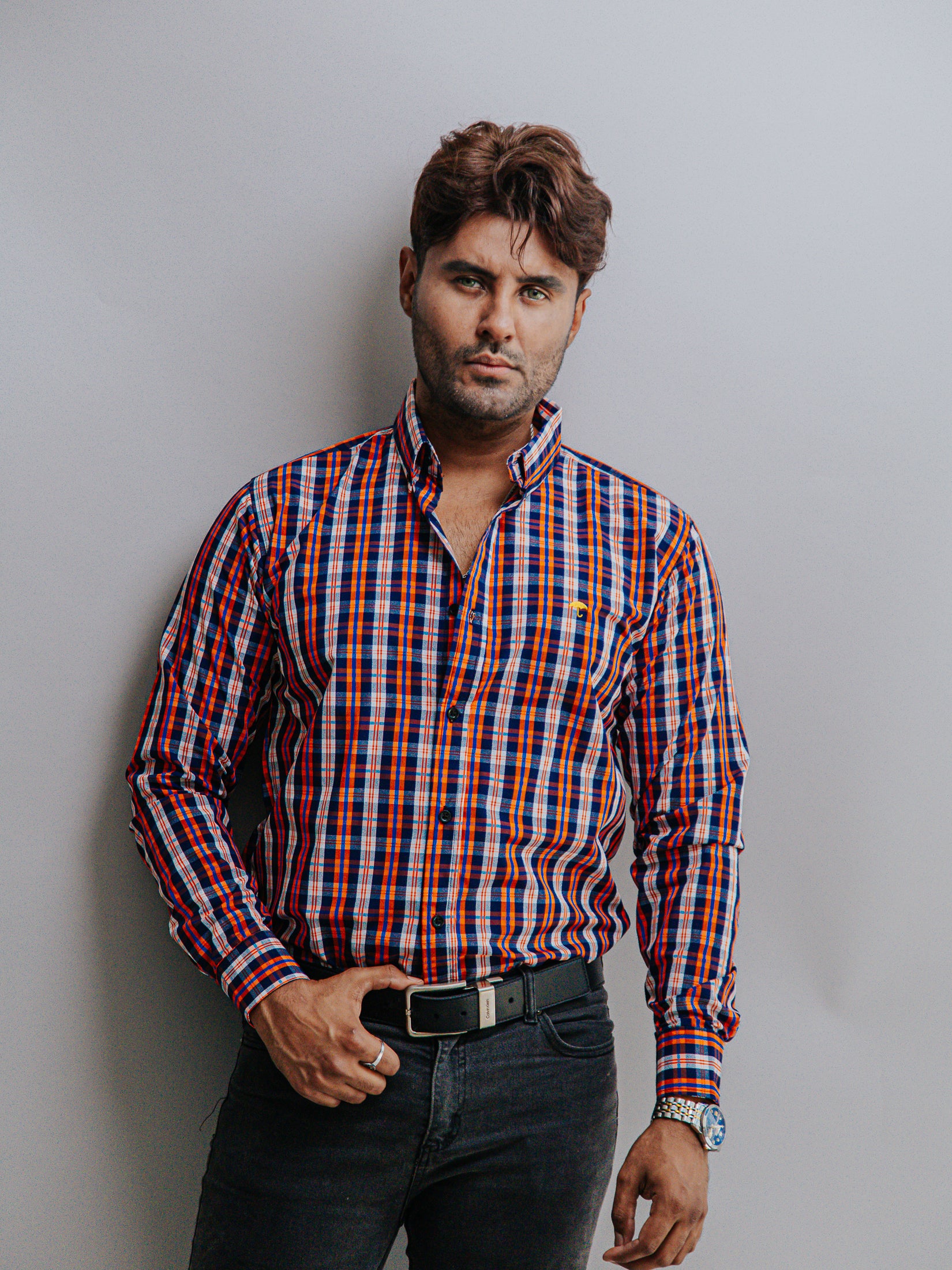 Camisa Hombre Casual Cuadros Naranja Blanco y Azul