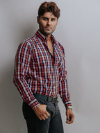 Camisa Hombre Casual Cuadros Naranja Blanco y Azul