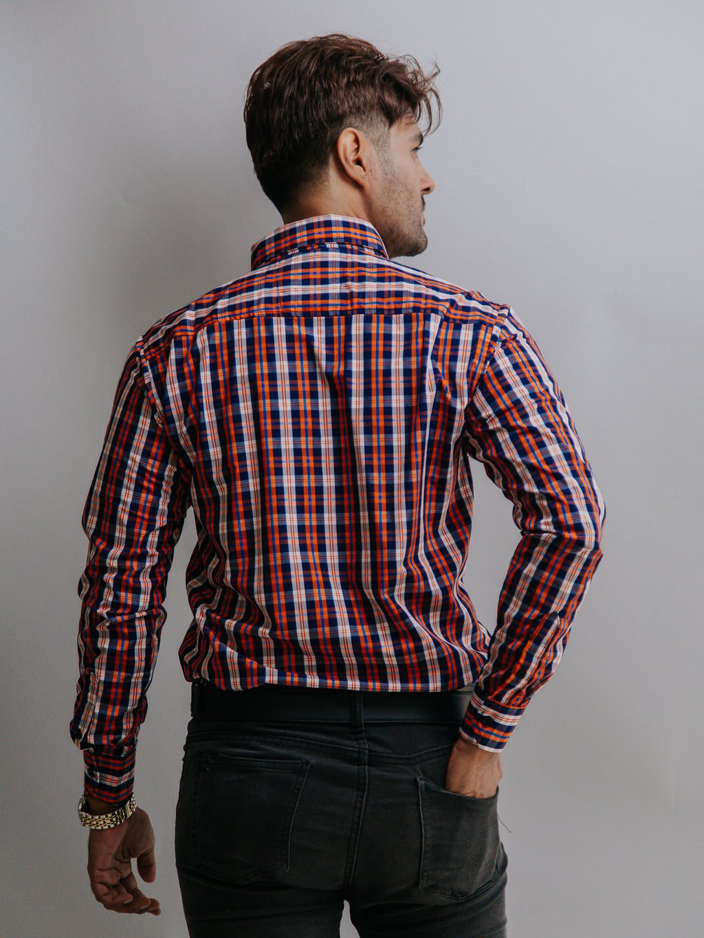 Camisa Hombre Casual Cuadros Naranja Blanco y Azul