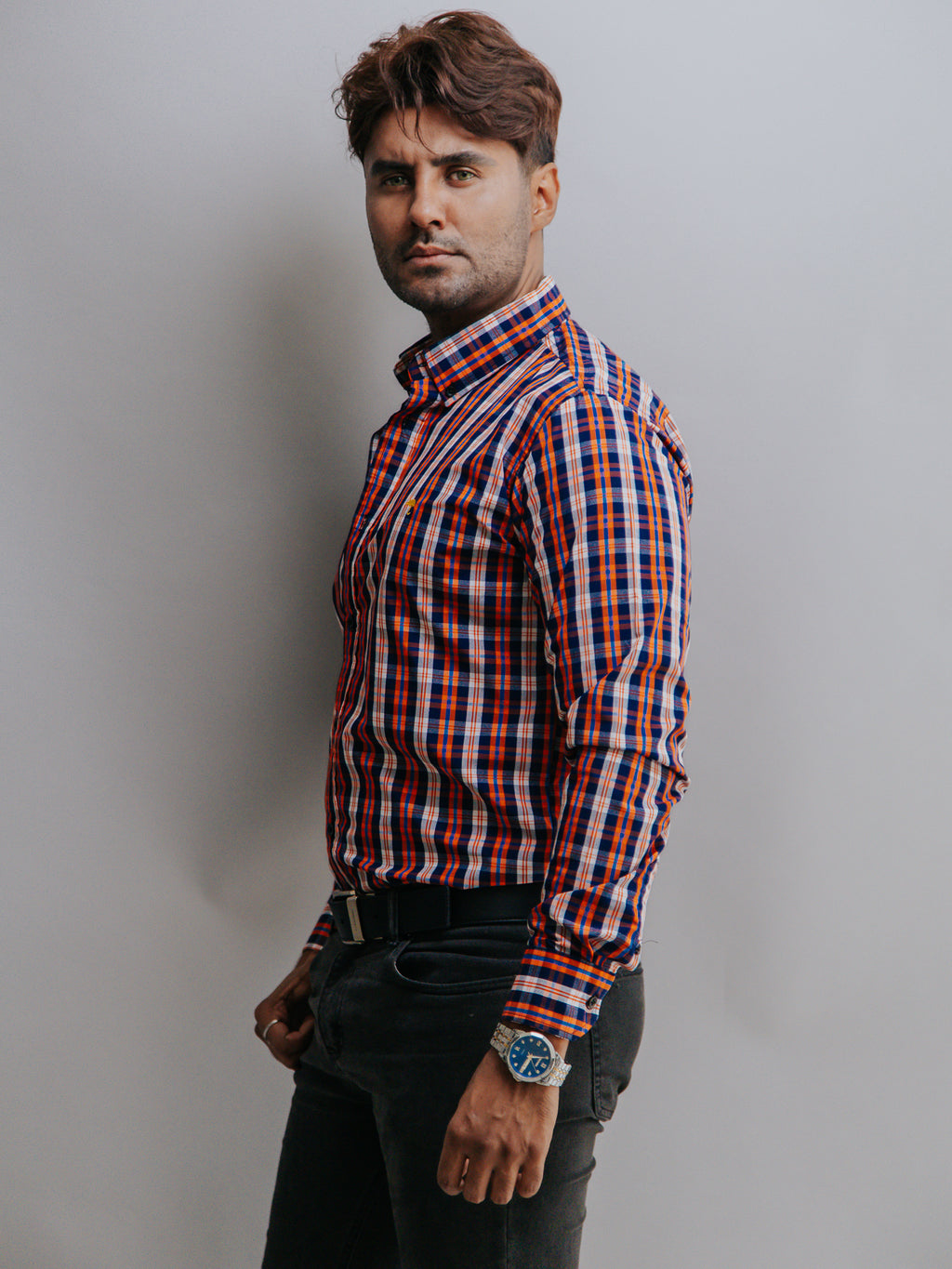 Camisa Hombre Casual Cuadros Naranja Blanco y Azul