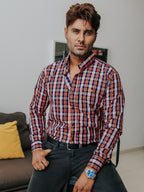 Camisa Hombre Casual Cuadros Naranja Blanco y Azul