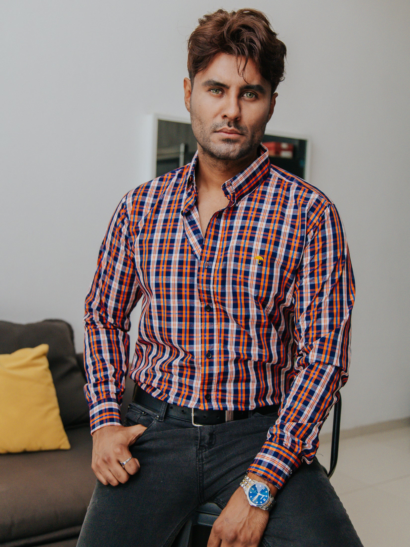 Camisa Hombre Casual Cuadros Naranja Blanco y Azul