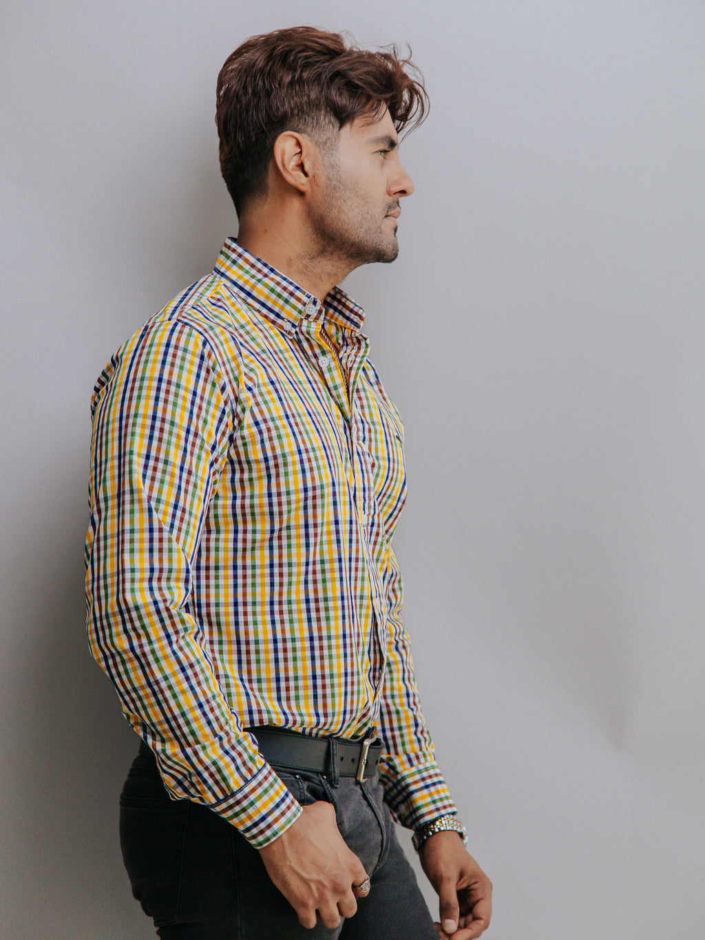 Camisa Hombre Casual Mini Cuadros Café Amarillo Azul Marino