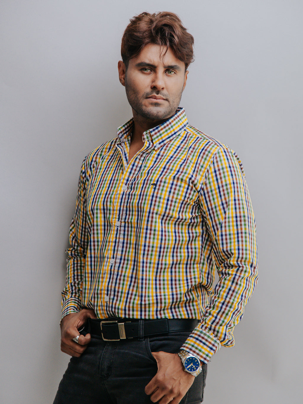 Camisa Hombre Casual Mini Cuadros Café Amarillo Azul Marino