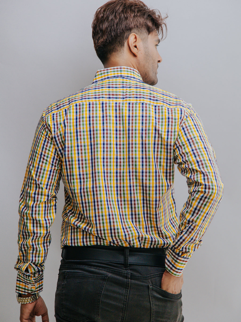 Camisa Hombre Casual Mini Cuadros Café Amarillo Azul Marino