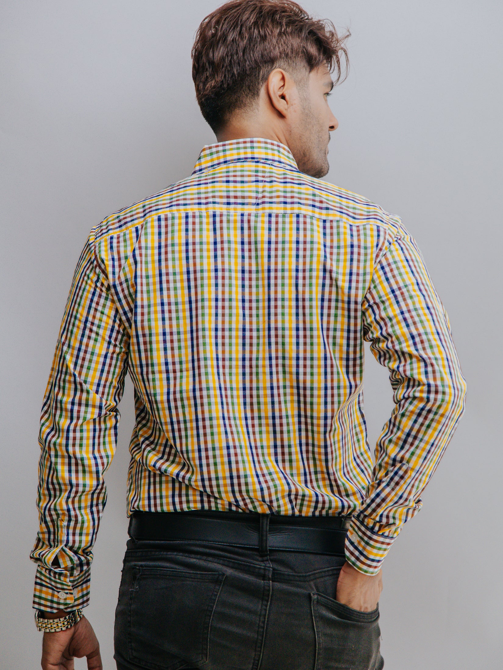 Camisa Hombre Casual Mini Cuadros Café Amarillo Azul Marino
