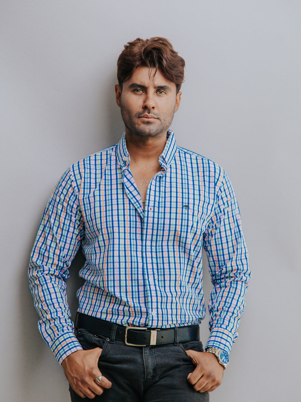 Camisa Hombre Casual Cuadros Azul Rosa,Verde y Coral