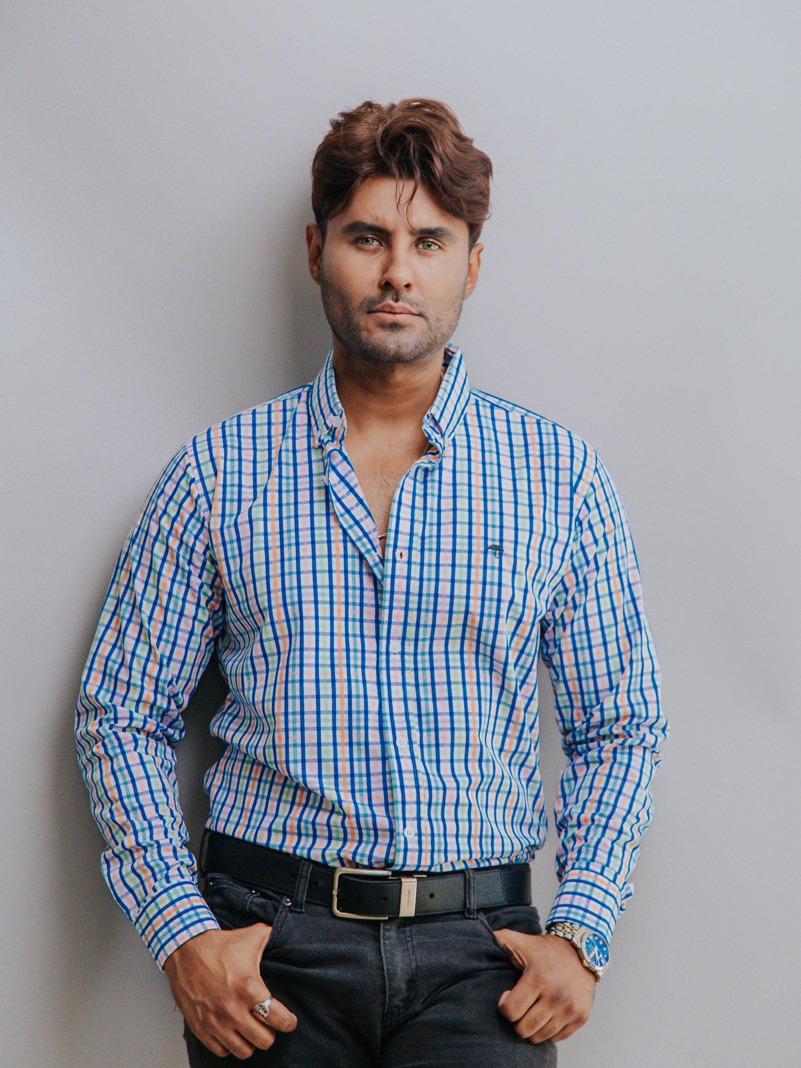 Camisa Hombre Casual Cuadros Azul Rosa,Verde y Coral