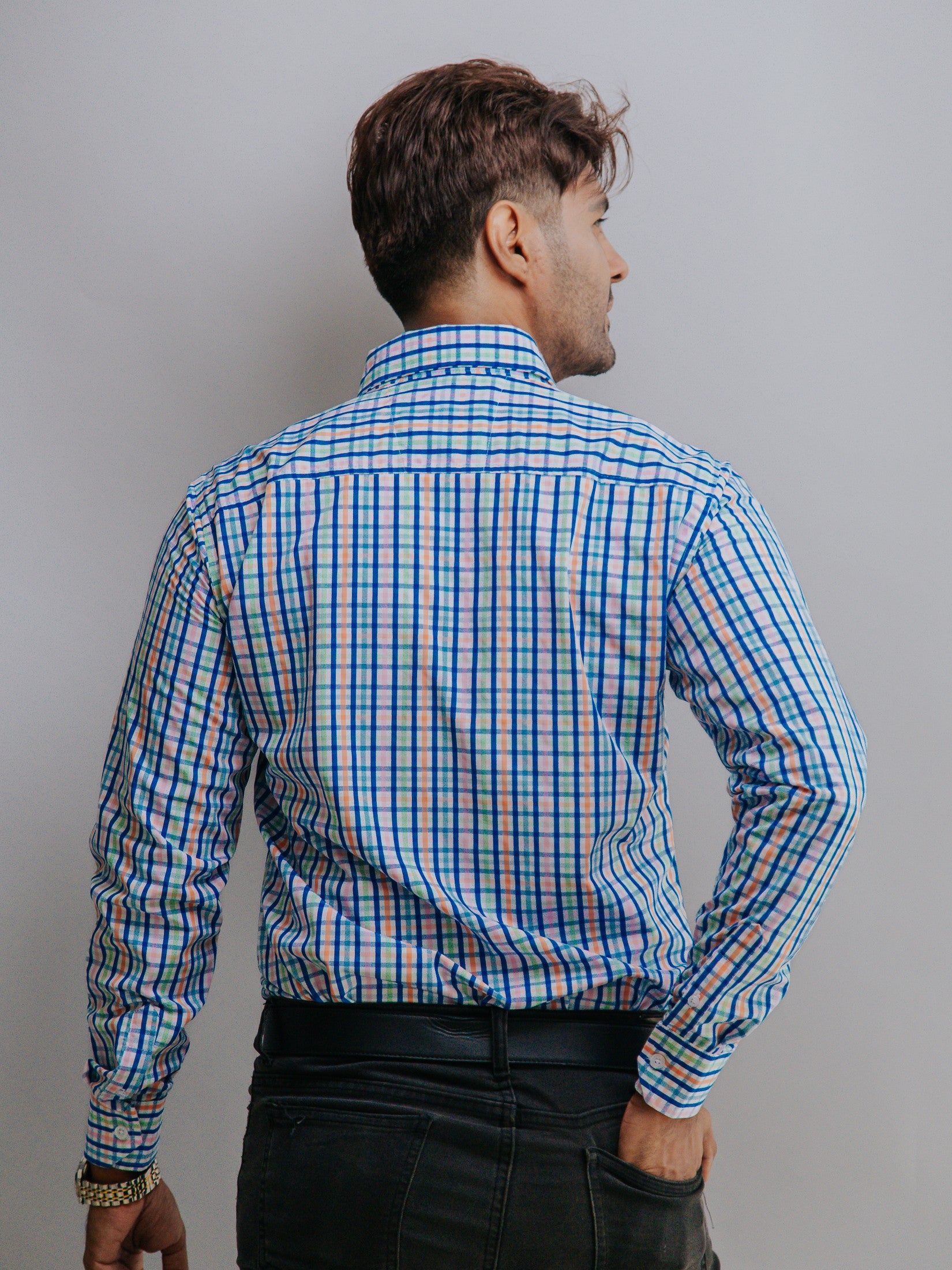Camisa Hombre Casual Cuadros Azul Rosa,Verde y Coral