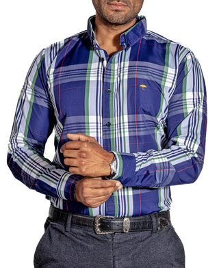 Camisa Hombre Casual Marino Rayas Blancas, Verdes