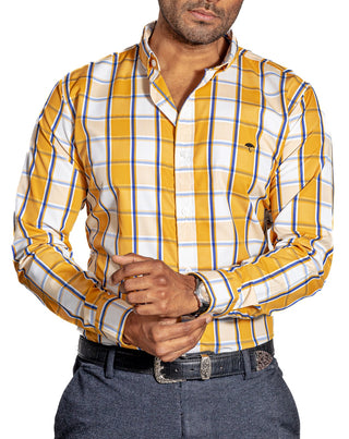 Camisa Hombre Casual Cuadros Blancos, Amarillos