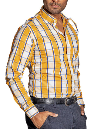 Camisa Hombre Casual Cuadros Blancos, Amarillos