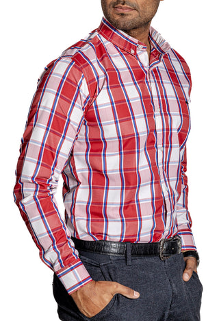 Camisa Hombre Casual Cuadros Blancos, Rojos