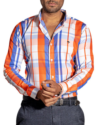 Camisa Hombre Casual Cuadros Blancas, Naranjas, Azules