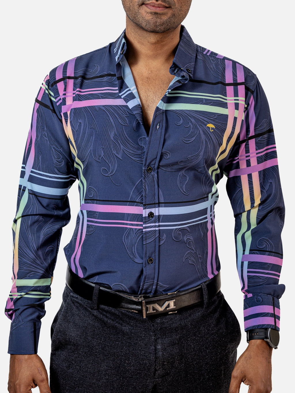 Camisa Hombre Casual Azul Oscuro Lineas Colores - Tiendas Platino Camisas Hombre 34 (S)