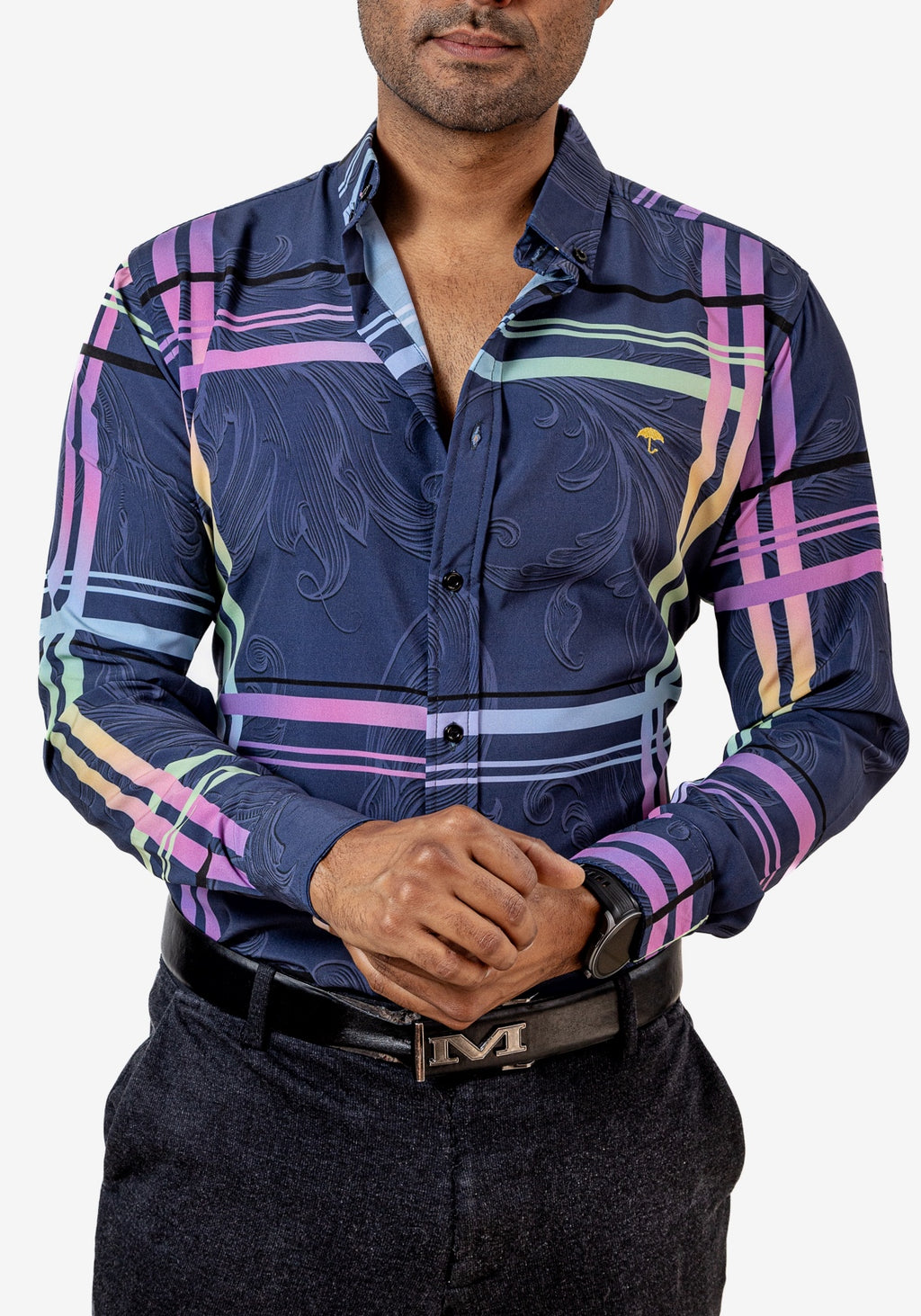 Camisa Hombre Casual Azul Oscuro Lineas Colores - Tiendas Platino Camisas Hombre 34 (S)