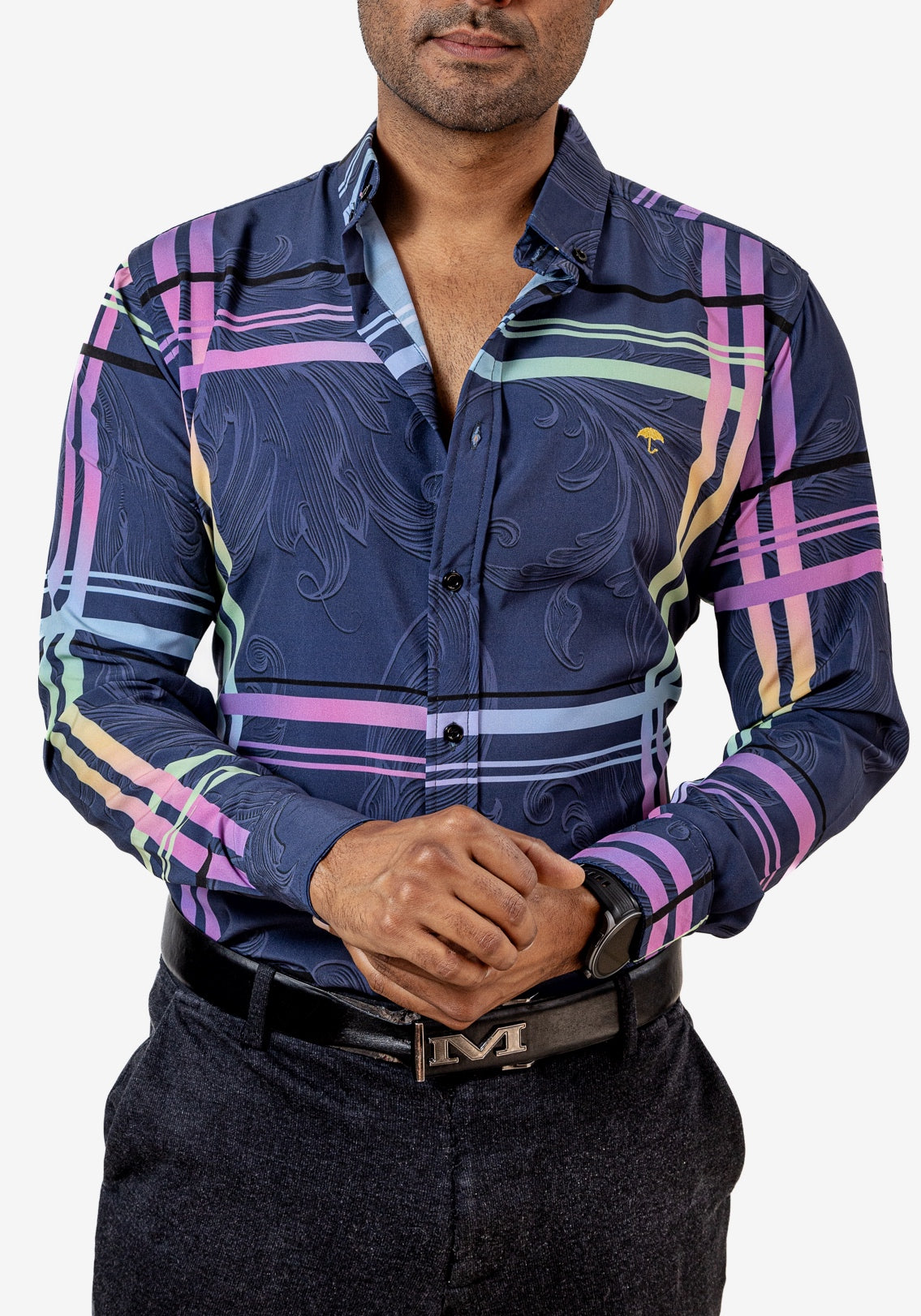 Camisa Hombre Casual Azul Oscuro Lineas Colores - Tiendas Platino Camisas Hombre 34 (S)