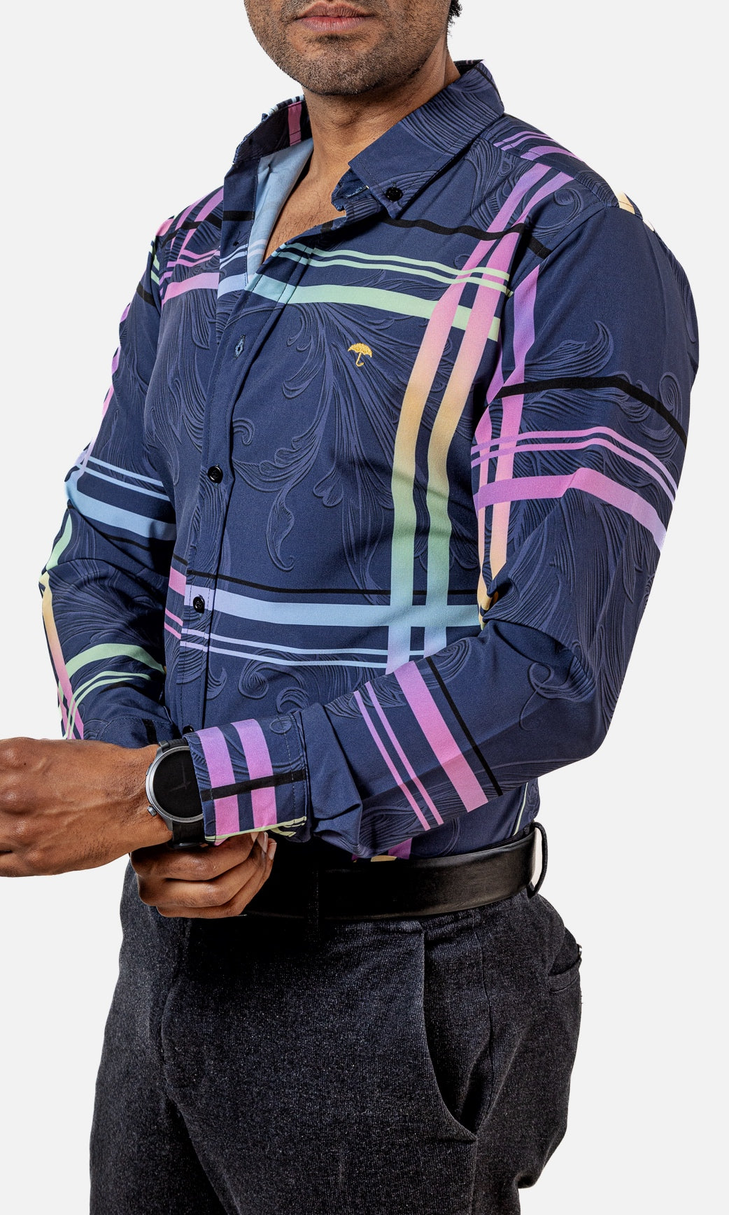 Camisa Hombre Casual Azul Oscuro Lineas Colores - Tiendas Platino Camisas Hombre 34 (S)