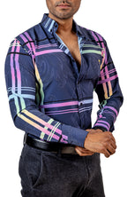 Camisa Hombre Casual Azul Oscuro Lineas Colores - Tiendas Platino Camisas Hombre 34 (S)