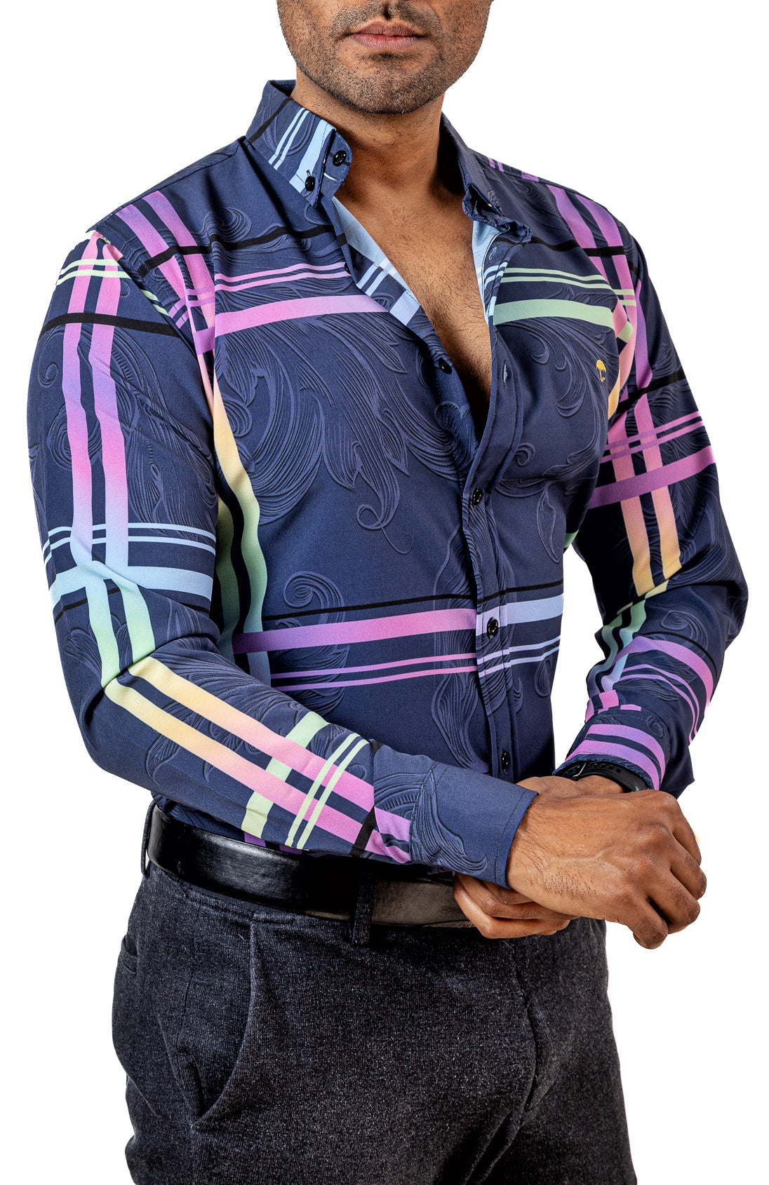 Camisa Hombre Casual Azul Oscuro Lineas Colores - Tiendas Platino Camisas Hombre 34 (S)