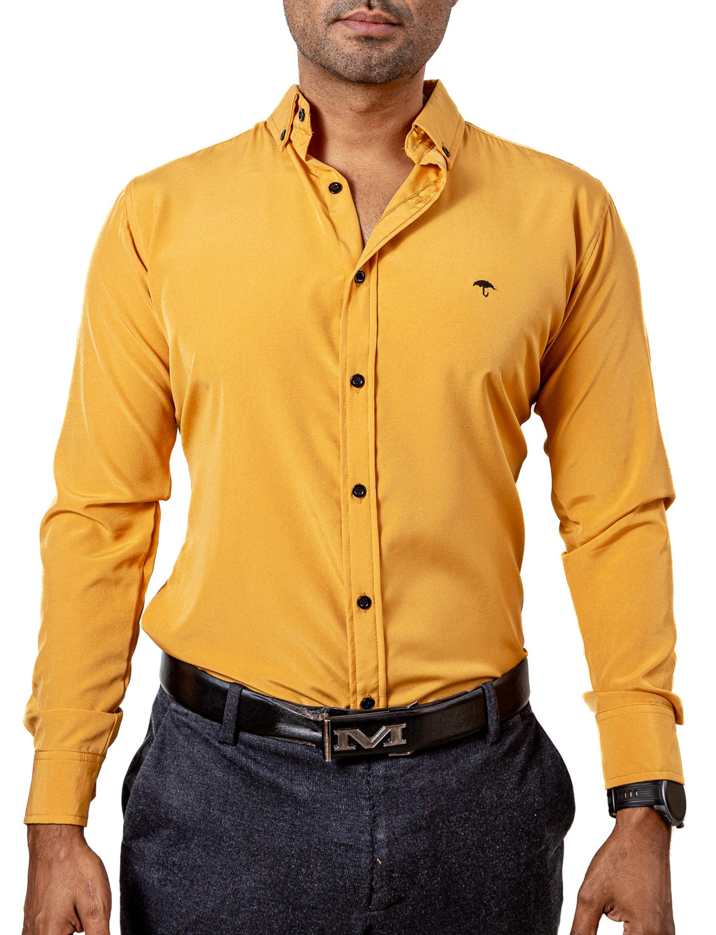 Camisa Hombre Casual Manga Larga Amarillo Lisa
