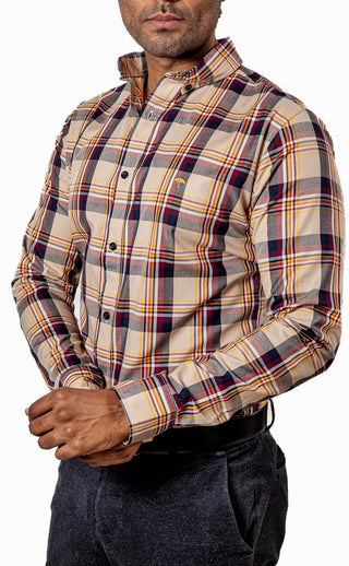 Camisa Hombre Casual Cuadros Beige, Rojos, Negros