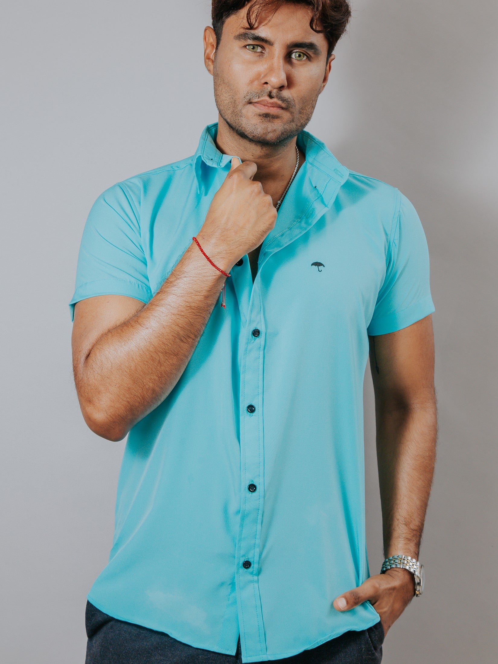 Camisa Hombre Casual Lisa Azul Turquesa