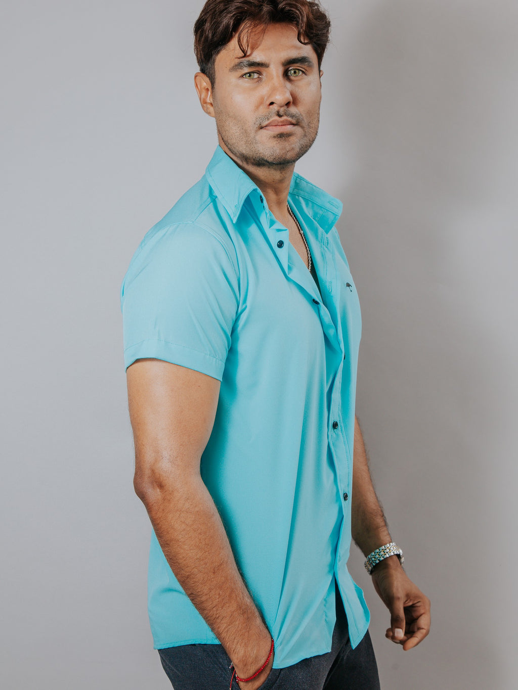 Camisa Hombre Casual Lisa Azul Turquesa