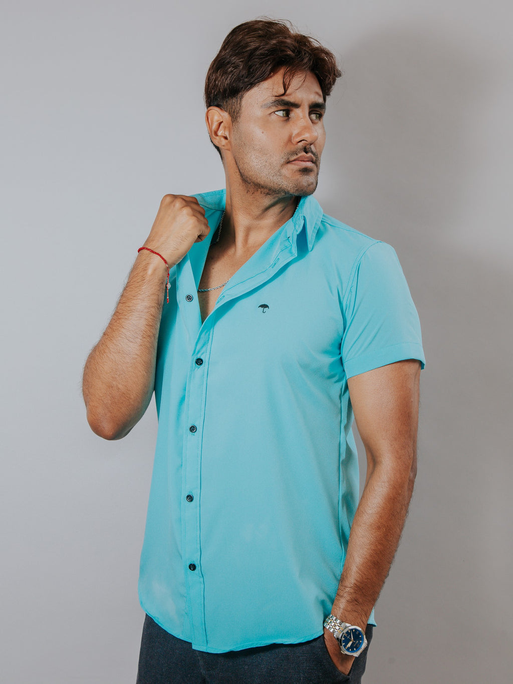 Camisa Hombre Casual Lisa Azul Turquesa