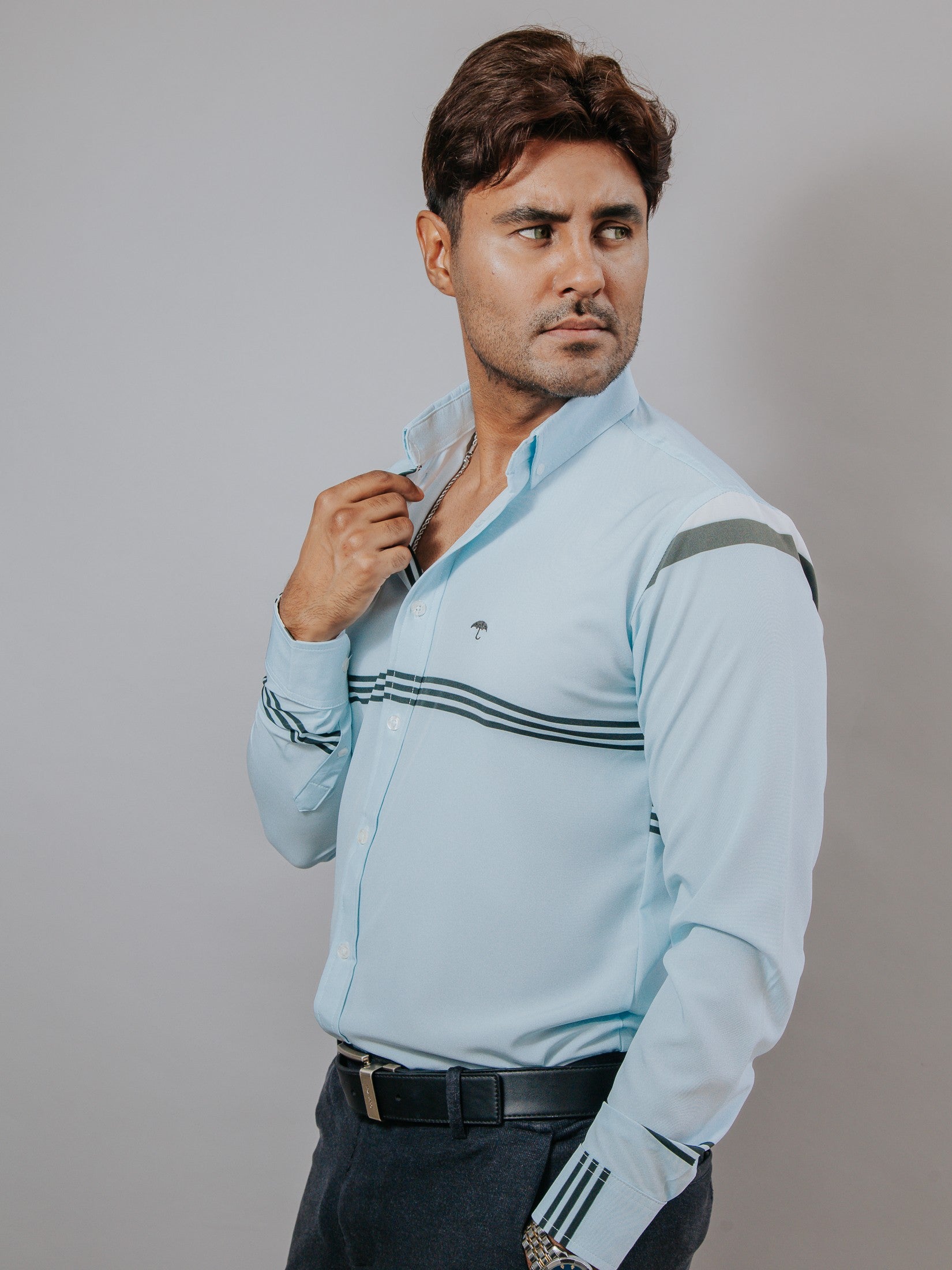Camisa Hombre Casual Azul Líneas Negro y Blanco
