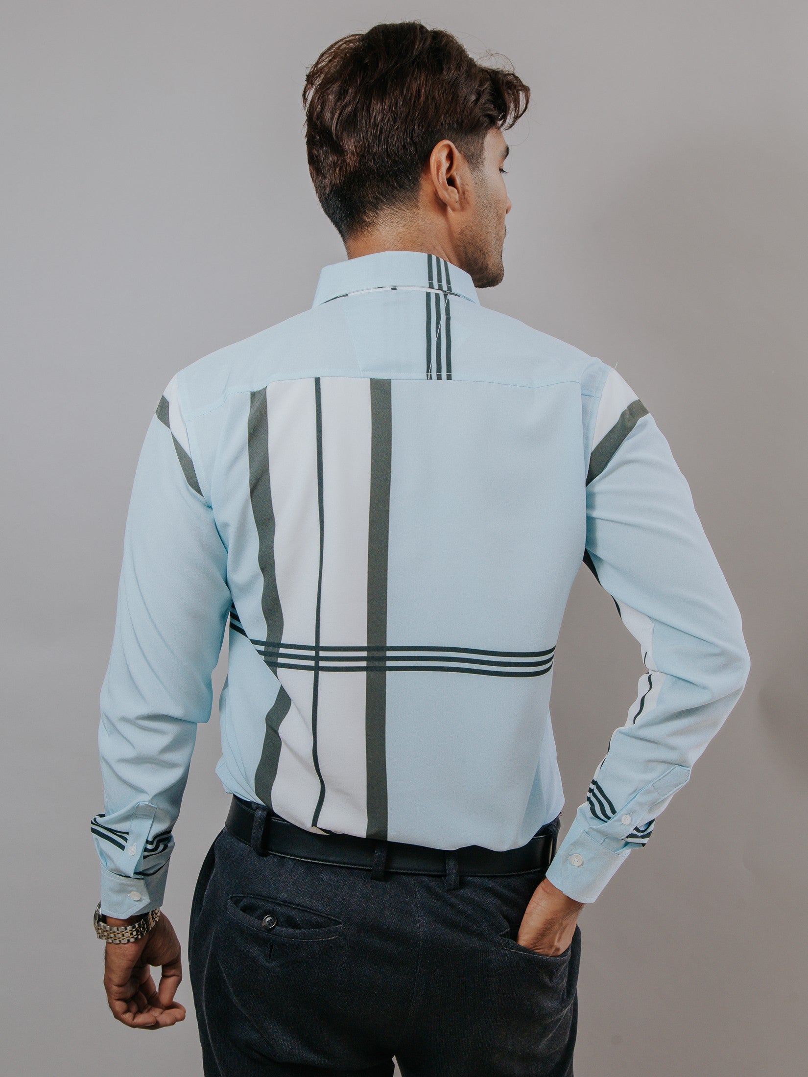Camisa Hombre Casual Azul Líneas Negro y Blanco