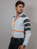 Camisa Hombre Casual Azul Claro Líneas Negro y Naranja