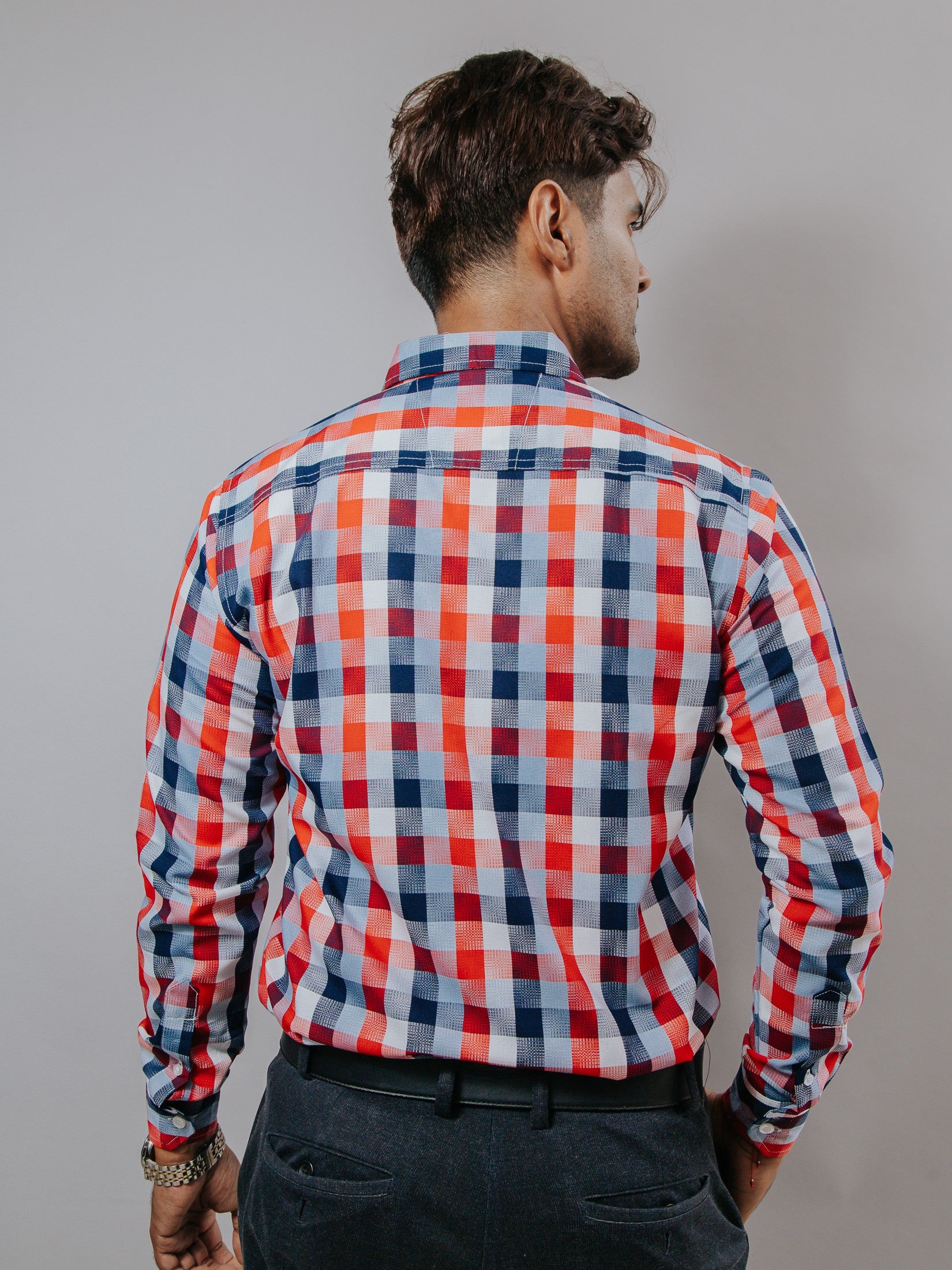 Camisa Hombre Casual Cuadros Rojos Gris Azul Marino y Blancos - Tiendas Platino Camisas Hombre 34 (S)