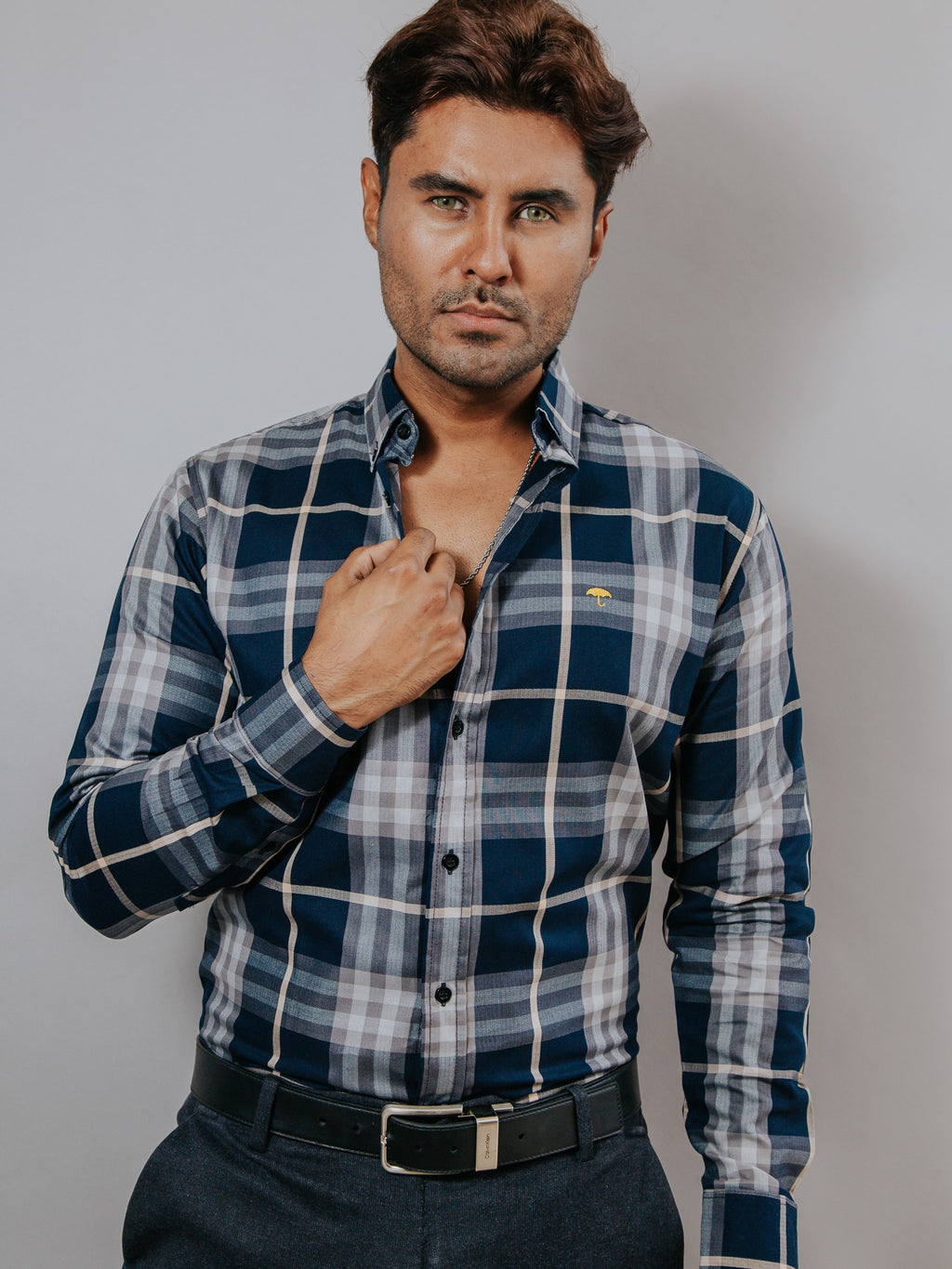 Camisa Hombre Casual Azul Marino Líneas Gris y Beige