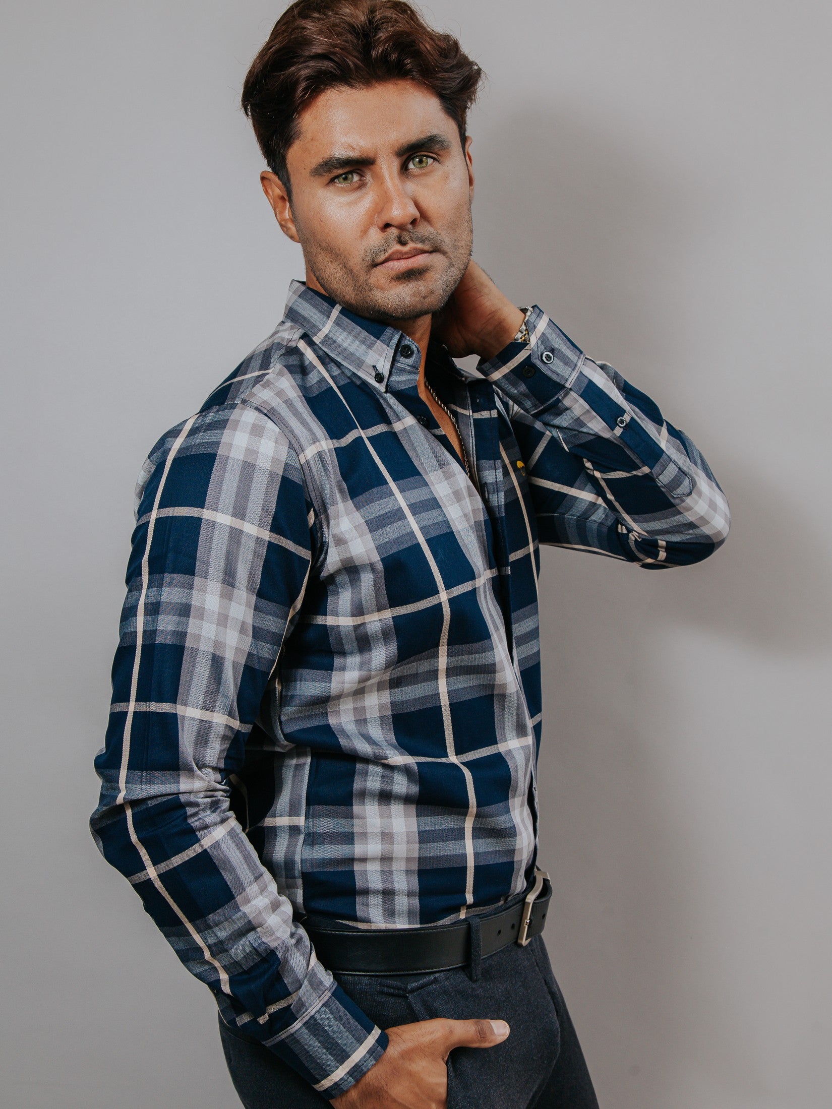 Camisa Hombre Casual Azul Marino Líneas Gris y Beige