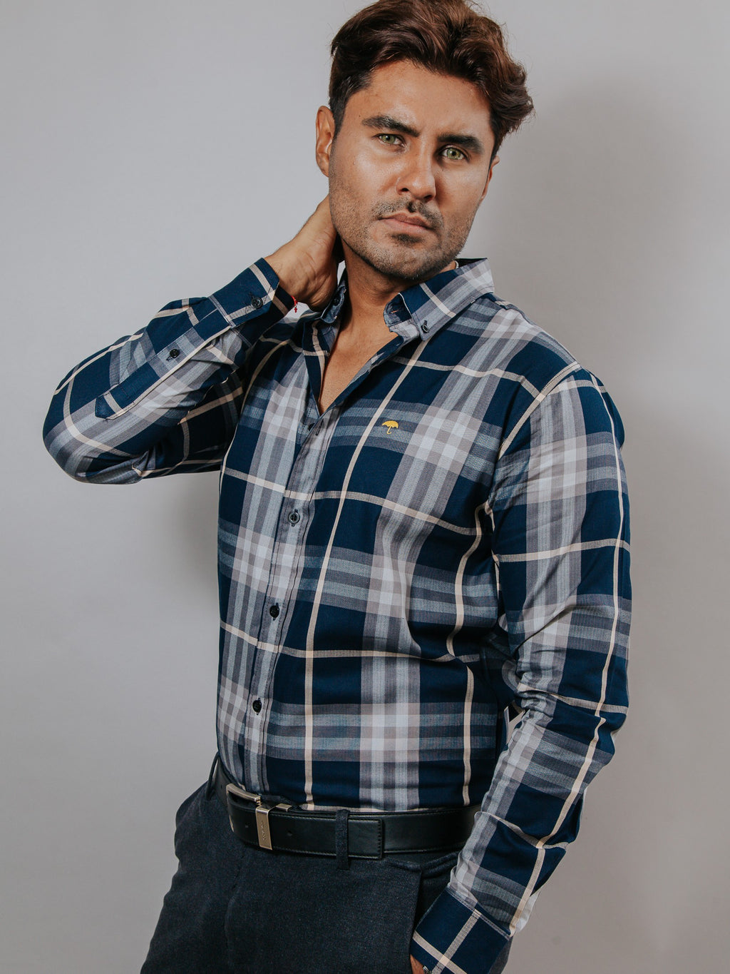 Camisa Hombre Casual Azul Marino Líneas Gris y Beige