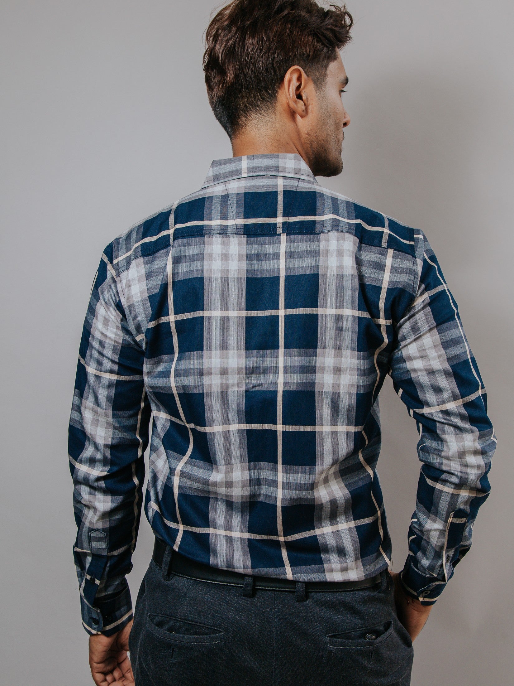 Camisa Hombre Casual Azul Marino Líneas Gris y Beige