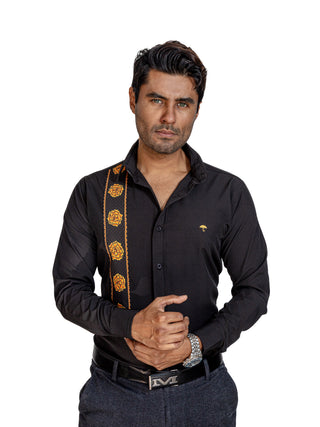 Camisa Hombre Casual Negra Gobernador Franja Flores