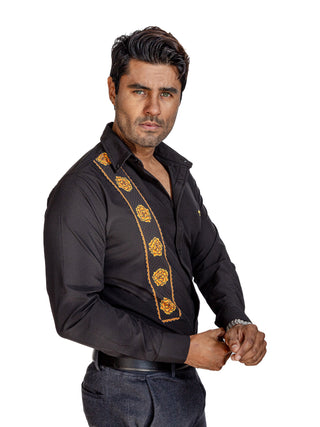 Camisa Hombre Casual Negra Gobernador Franja Flores