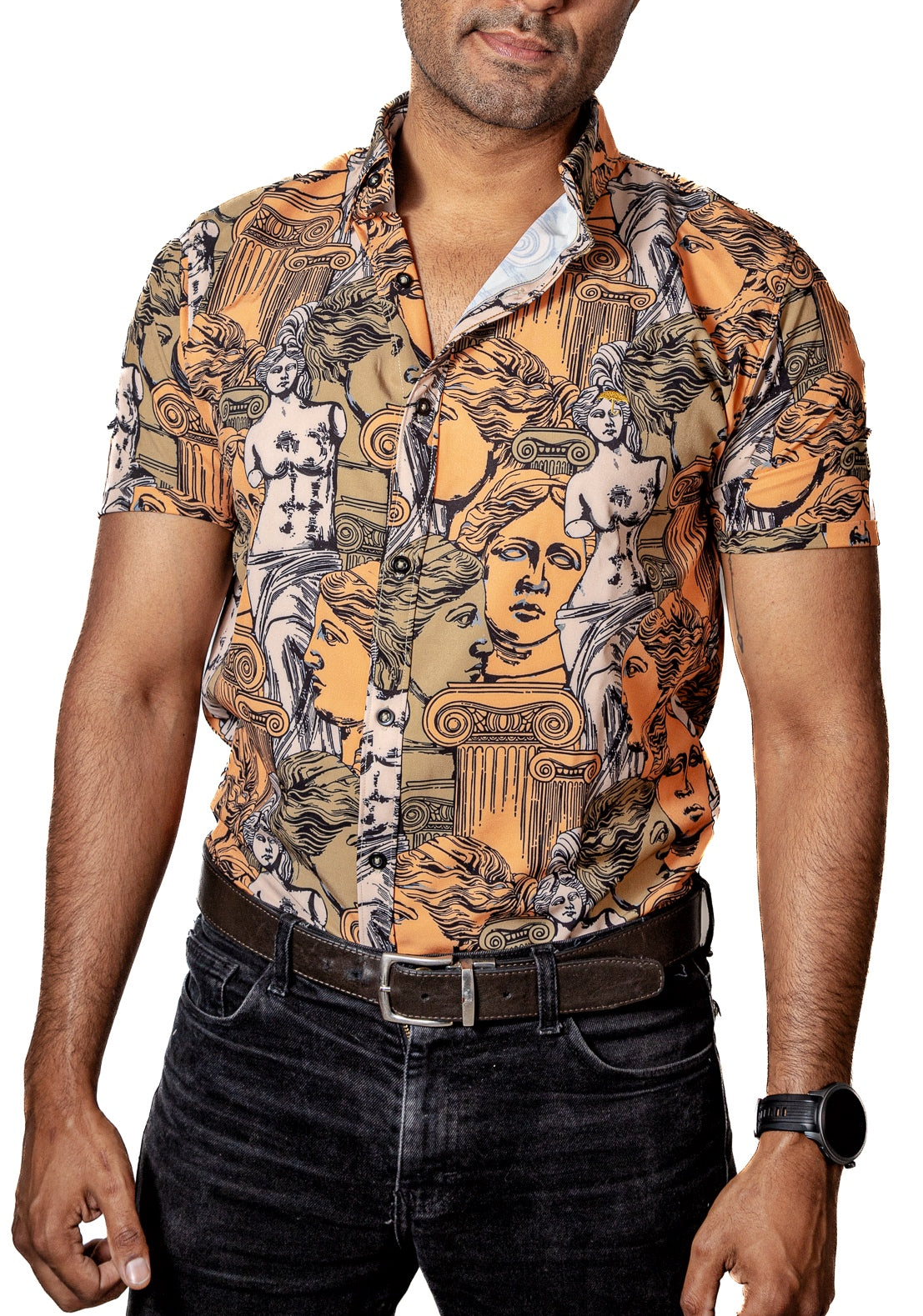Camisa Hombre Casual Esculturas Griegas Naranjas - Tiendas Platino Camisas Hombre 34 (S)