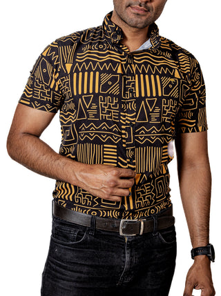 Camisa Hombre Casual Negra Figuras Oro