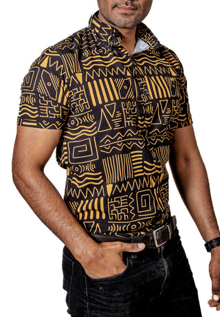 Camisa Hombre Casual Negra Figuras Oro