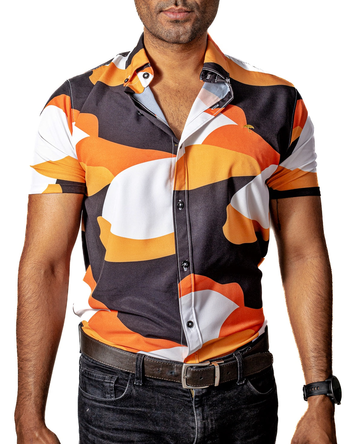 Camisa Hombre Casual Figuras Naranjas, Negras, Blancas - 34 (S)-Tiendas Platino