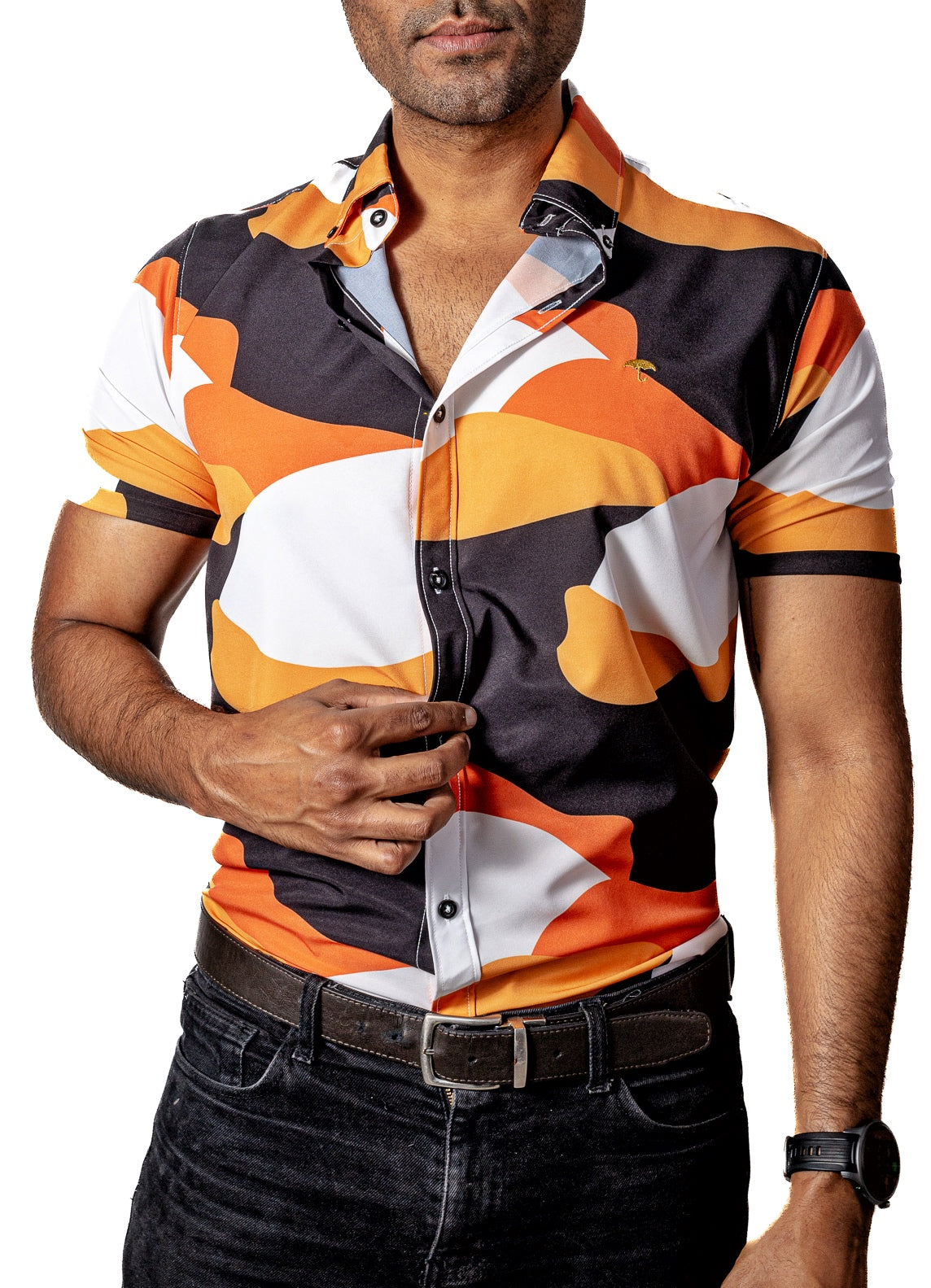 Camisa Hombre Casual Figuras Naranjas, Negras, Blancas - 34 (S)-Tiendas Platino