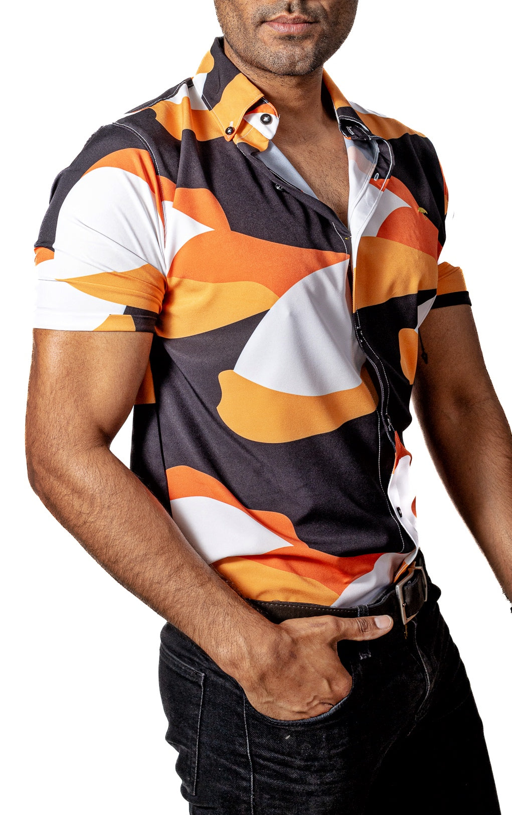 Camisa Hombre Casual Figuras Naranjas, Negras, Blancas - 34 (S)-Tiendas Platino