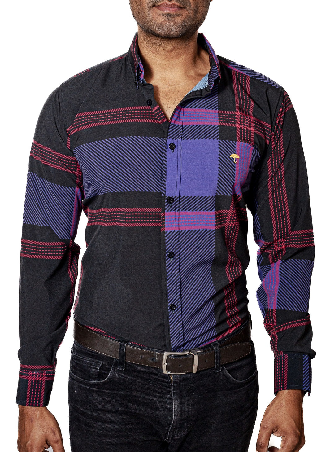 Camisa Hombre Casual Negra Rayas Morada, Roja - Tiendas Platino Camisas Hombre 34 (S)