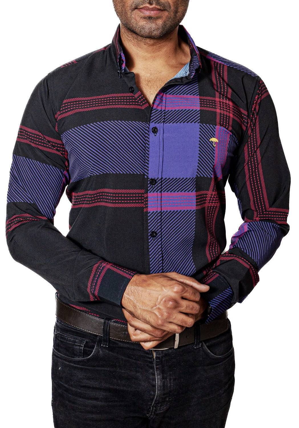 Camisa Hombre Casual Negra Rayas Morada, Roja - Tiendas Platino Camisas Hombre 34 (S)